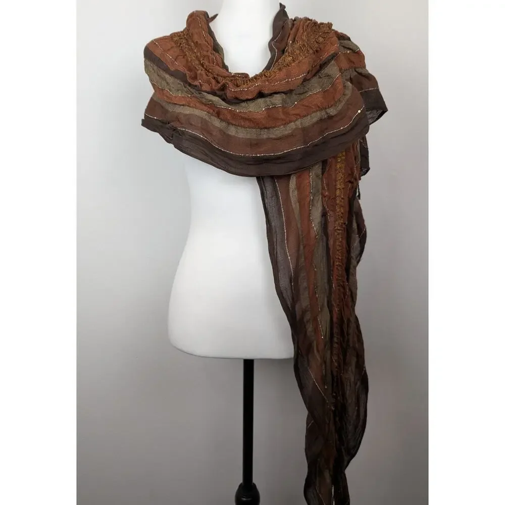 Boho Brown Scarf/Wrap scattered sequins fringe rayon blend 98
